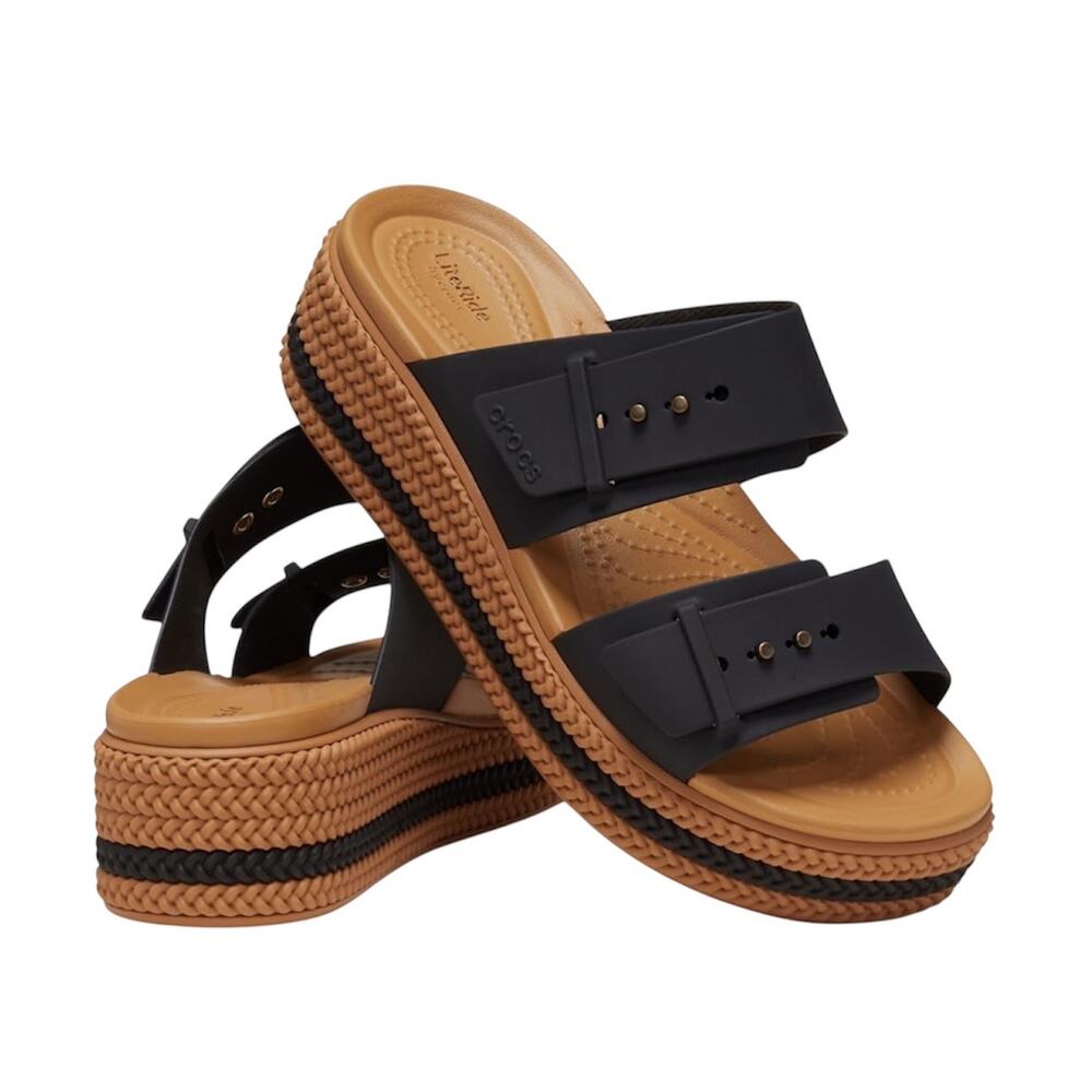 CROCS Two-Strap Platform Sandals in Black and Tan